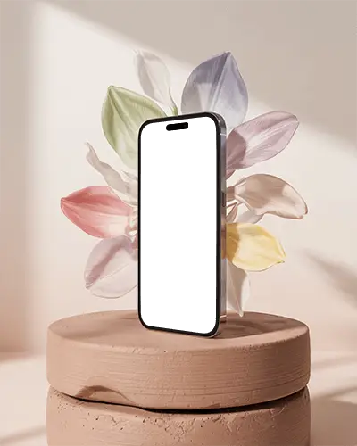 Artistic Iphone 16 Pro Mockup Surrounded By Pastel Flower Petals In Beige Sunlit Scene
