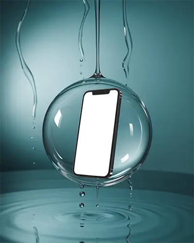 Artistic Iphone 12 Mockup Enclosed In Spherical Droplet Over Soft Wavy Pool Backdrop