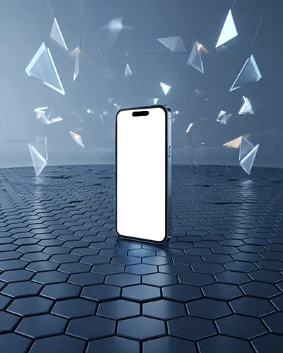 cinematic-iphone-15-mockup-on-metallic-honeycomb-floor-with-fractured-glass-elements