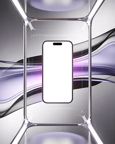 iphone-14-pro-mockup-floating-in-futuristic-glass-chamber-with-glowing-purple-lightwaves