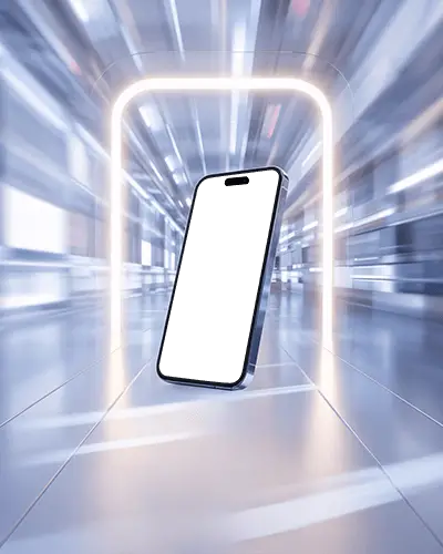 iphone-15-plus-mockup-floating-in-light-portal-with-high-speed-futuristic-hallway-blur
