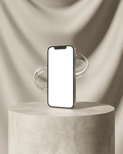 elegant-iphone-14-mockup-standing-on-stone-podium-with-draped-fabric-and-floating-rings