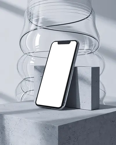 iphone-12-mockup-on-concrete-blocks-with-abstract-glass-sculpture-and-modern-lighting