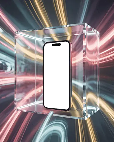 Glowing Neon Environment Iphone 15 Mockup Enclosed In Transparent Cube With Color Motion Blur