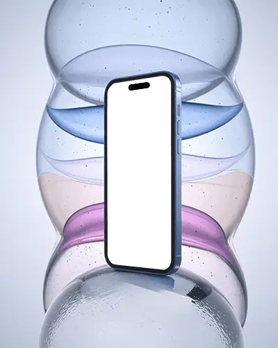 Iphone 16 Pro Mockup Standing On Glass Orb With Layered Bubble Sculpture In Soft Color Tones