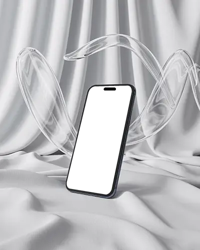 iphone-14-pro-mockup-standing-on-soft-white-fabric-with-swirling-glass-art-sculpture-backdrop