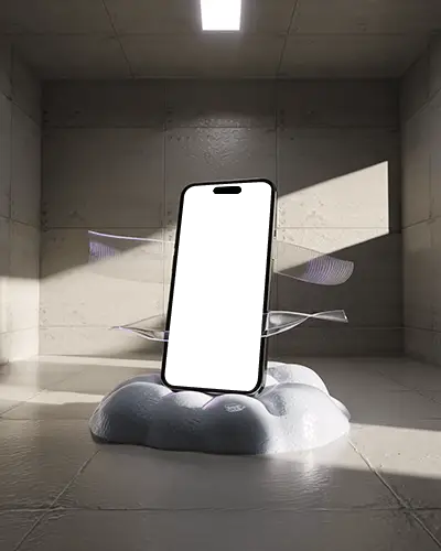 iphone-15-pro-mockup-on-puffy-cloud-base-in-tiled-room-with-abstract-wings-and-spotlight-shadow