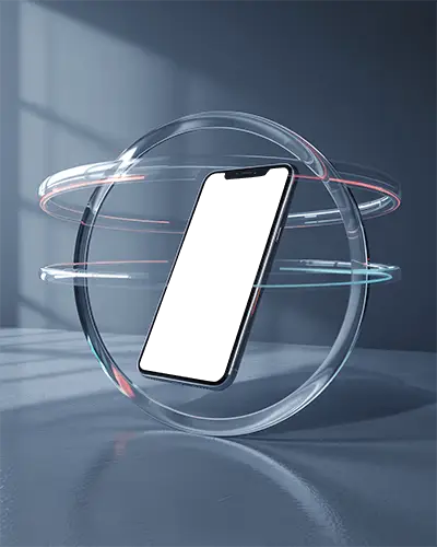iphone-12-mockup-tilted-inside-clear-rotating-ring-structure-in-dark-room-with-soft-window-light