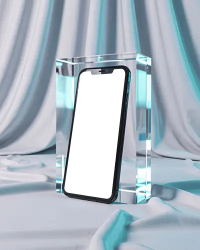 elegant-iphone-13-mockup-encased-in-clear-glass-frame-on-smooth-fabric-with-blue-glow