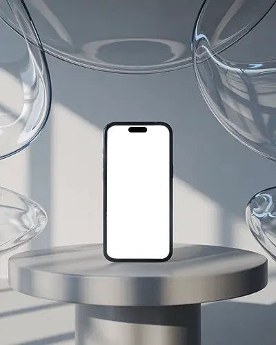 iphone-15-pro-mockup-on-round-platform-with-floating-glass-shapes-and-soft-sunlight-shadows