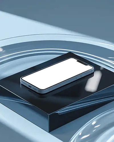 iphone-13-mockup-in-flat-lay-position-on-glossy-black-platform-with-fluid-glass-ring-surround