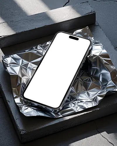 metallic-surface-iphone-15-pro-mockup-on-creased-foil-with-sleek-sculptural-lighting