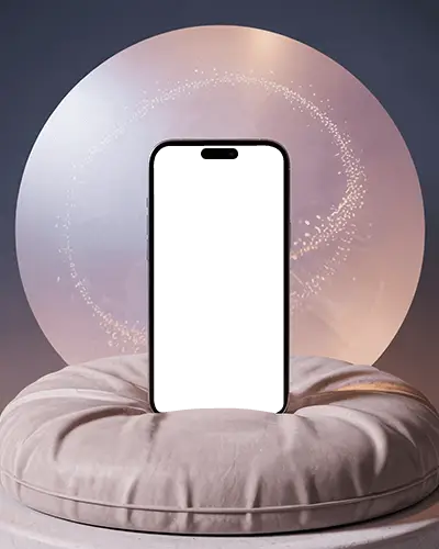 celestial-theme-iphone-16-pro-mockup-on-puffy-pad-with-soft-gradient-back-glow-ring