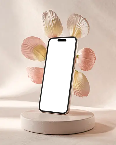 floral-themed-iphone-15-mockup-on-wooden-podium-with-soft-petals-and-warm-lighting
