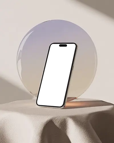 iphone-16-mockup-against-glass-gradient-disc-on-textured-cloth-with-soft-daylight-glow