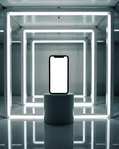 iphone-12-mockup-on-pedestal-in-led-light-cube-tunnel-with-symmetrical-reflection-glow