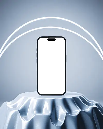 Iphone 16 Pro Mockup On Metallic Drape Podium With Arched Neon Lights In Cool Studio