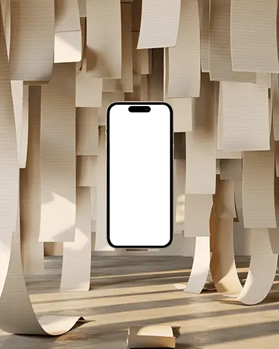 Iphone 14 Pro Mockup Floating In Room Filled With Hanging Sheets And Sunlit Abstract Light