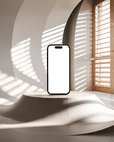 Natural Light Iphone 15 Mockup On Sculptural White Base With Elegant Wall Curvature
