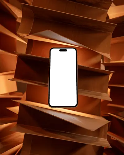 Iphone 16 Mockup Floating Amid Folded Paper Structure In Dramatic Orange Light Space