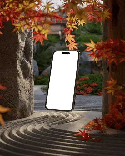 Iphone 14 Pro Mockup In Japanese Garden With Autumn Maple Leaves And Raked Stone Path