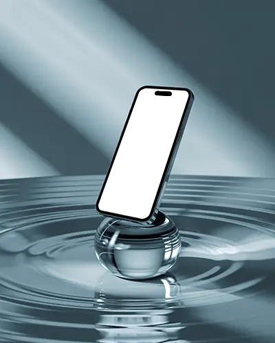 Iphone 16 Pro Mockup On Glass Sphere In Metallic Ripple Pool With Soft Directional Light