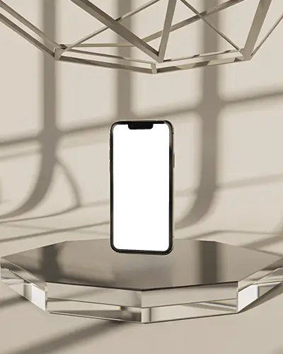 Iphone 13 Mockup Floating Display On Transparent Hex Stand In Arched Shadow Sunlit Environment