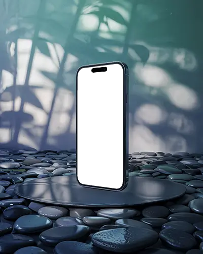 Iphone 14 Pro Mockup On Smooth Stone Platform With Soft Leaf Shadows And Cool Tones