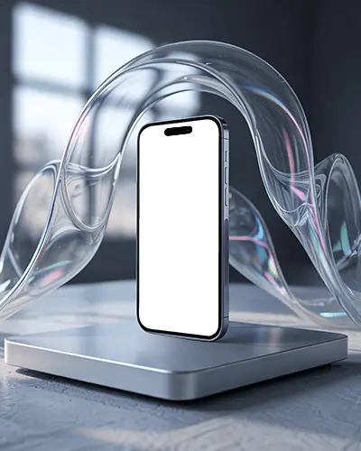 Iphone 15 Mockup On Metallic Base With Floating Iridescent Glass Wave And Window Light