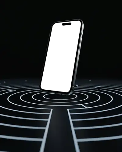 Iphone 16 Plus Floating Above Glowing Labyrinth Lines In Dark Tech Studio Environment