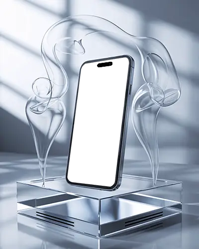 Iphone 15 Pro In Modern Lightroom On Polished Podium With Fluid Glass Decoration