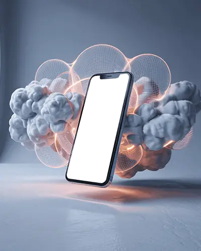 Surreal Tech Style Floating Iphone 14 Mockup With Puff Cloud And Holographic Grid Backdrop
