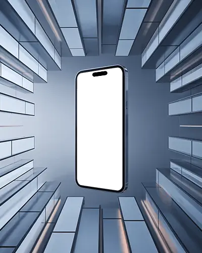 Iphone 16 Pro Mockup Floating In 3d Glass Corridor With Modern Architectural Geometry