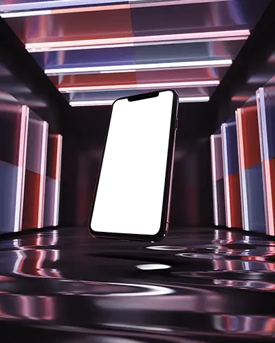 Iphone 12 Mockup Floating In Glossy Neon Room With Led Lights And Reflective Surfaces