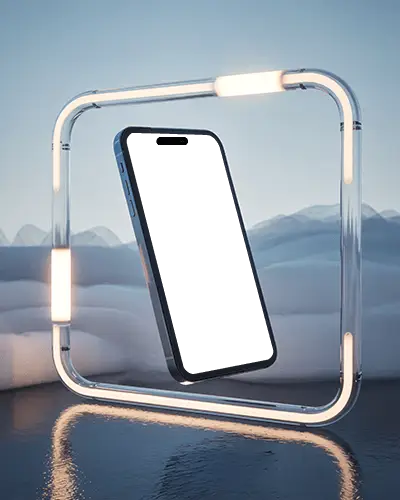 Iphone 15 Pro Mockup Floating In Led Frame With Snowy Hills And Glass Floor Reflection