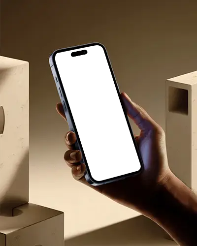 Iphone 14 Pro Mockup Held In Hand With Geometric Stone Blocks And Moody Studio Light