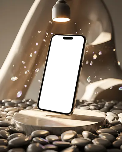 Iphone 16 Mockup On Marble Base With Glowing Spotlight And Floating Bubbles On Stones