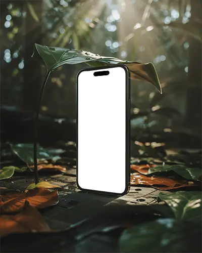 iphone-16-plus-mockup-smartphone-standing-on-forest-floor-under-leaf-shelter-in-sunlight