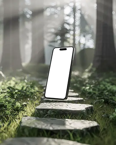 iphone-15-pro-mockup-smartphone-floating-over-stone-path-in-sunlit-forest