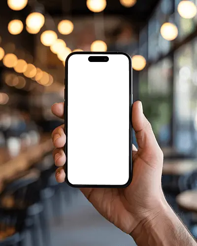 Iphone 14 Pro Mockup Hand Holding Smartphone In Cozy Cafe With Bokeh Lights