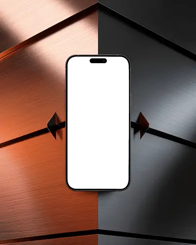 Iphone 15 Mockup Smartphone Centered Between Metal Panels In Black And Copper Tones
