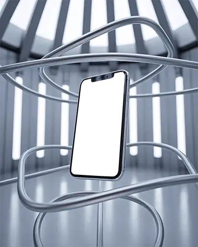Futuristic Iphone 12 Mockup Smartphone Floating In Metallic Spiral Structure With Modern Lighting
