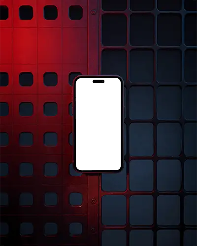Modern Iphone 15 Mockup Smartphone Flatlay On Dark Grid Surface With Red Neon Lighting Effects