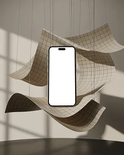 Artistic Iphone 14 Pro Mockup Smartphone Floating Amid Hanging Grid Paper Sheets In Soft Studio