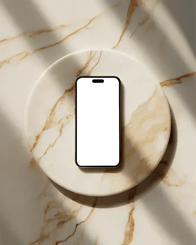 elegant-iphone-15-plus-mockup-smartphone-on-round-marble-plate-with-natural-sunlight-and-shadows