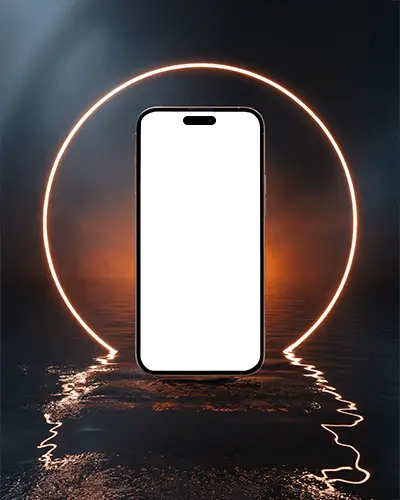 futuristic-iphone-14-pro-mockup-smartphone-standing-in-front-of-glowing-neon-ring-over-water-scene