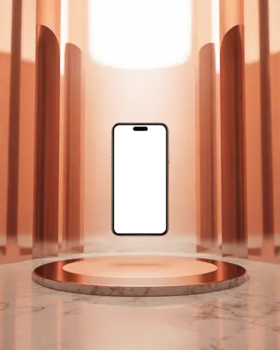 futuristic-iphone-15-mockup-smartphone-floating-on-marble-platform-with-golden-pillars-and-light