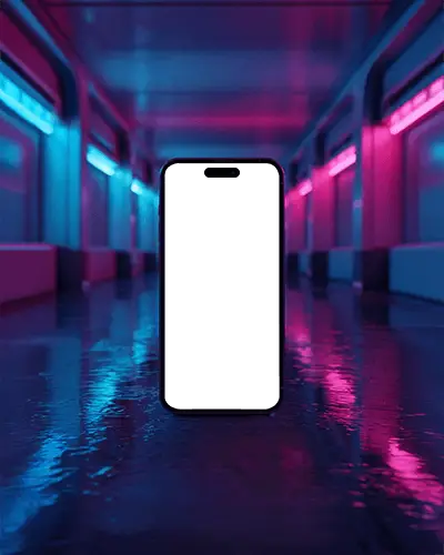 futuristic-iphone-16-pro-mockup-smartphone-in-neon-lit-hallway-with-blue-and-pink-reflections