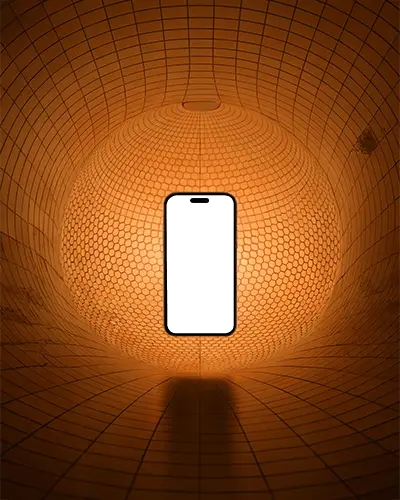 futuristic-iphone-15-mockup-smartphone-floating-in-orange-glowing-grid-tunnel-with-modern-light