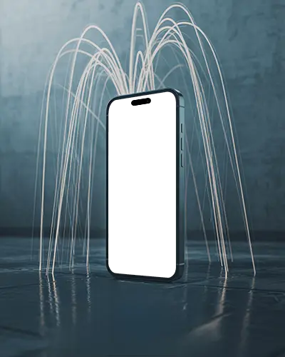 futuristic-iphone-14-pro-mockup-smartphone-standing-on-floor-with-light-trails-curving-like-fountain